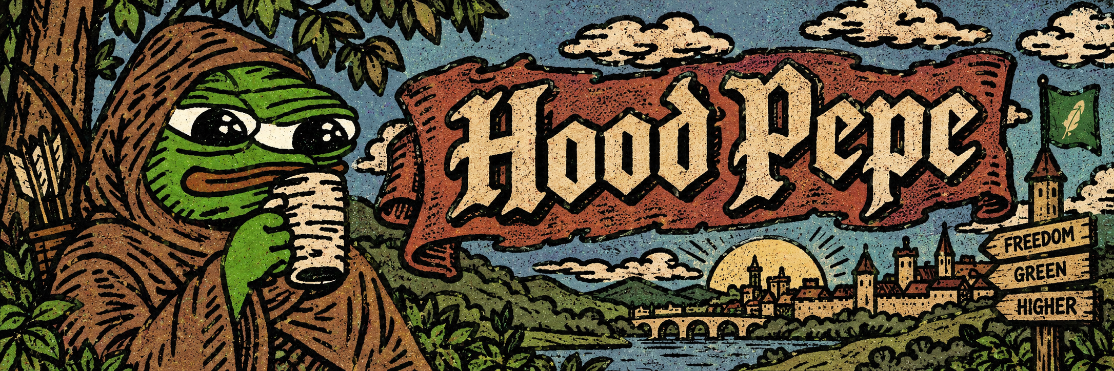 Hood Pepe banner: the hooded frog beside a Hood Pepe scroll over a riverside village